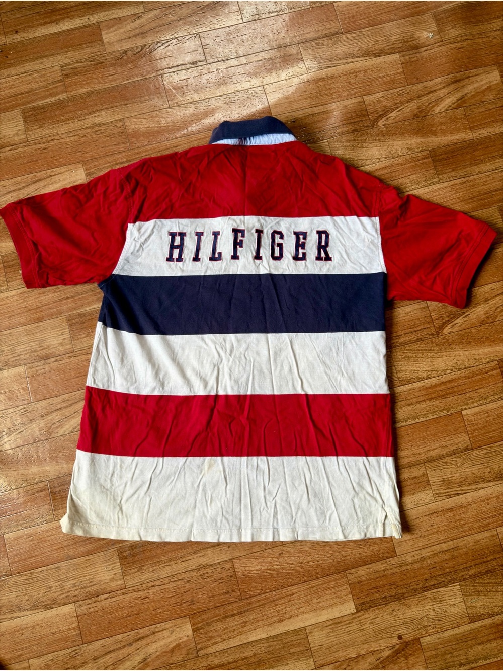 90s Vintage Tommy Hilfiger Men’s Red, White & Navy Striped Polo Shirt